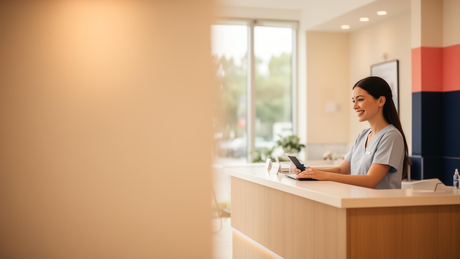 Front desk staff calmly checking in a patient because eligibility was verified days early